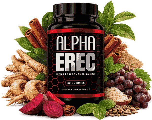 A bottle of AlphaErec men's performance gummies surrounded by its botanical ingredients